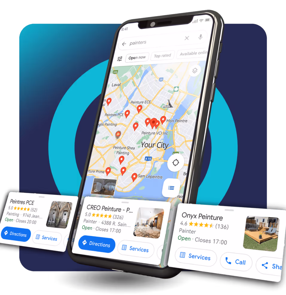 Phone showing local businesses ranking on Google Maps